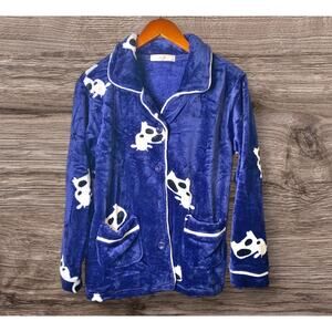 Women's Blue Plush Pajamas Button Top Long Sleeve 2pc Set Size Large